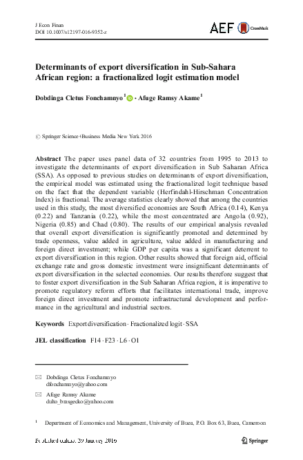 (PDF) Determinants of export diversification in Sub-Sahara African ...