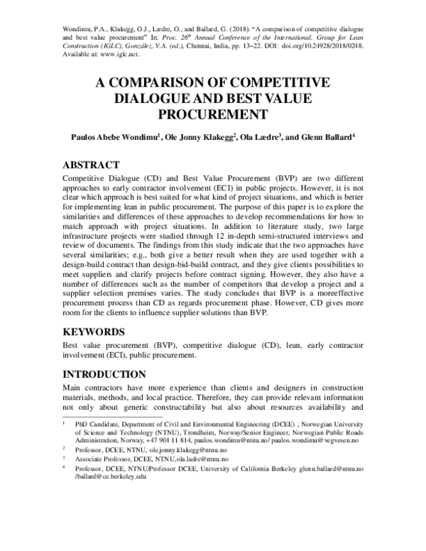 (PDF) A Comparison of Competitive Dialogue and Best Value Procurement