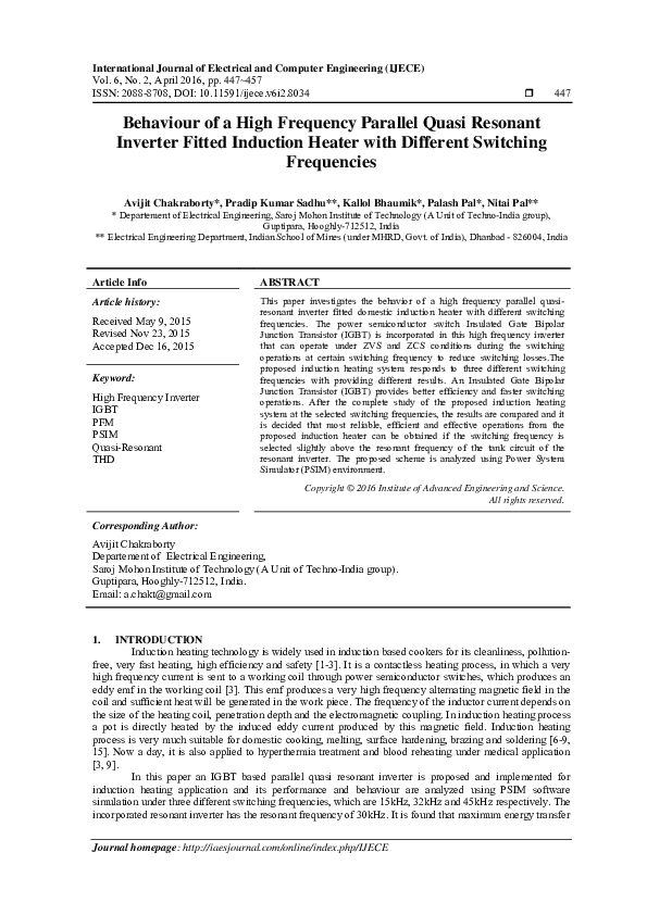 (PDF) Behaviour of a High Frequency Parallel Quasi Resonant Inverter