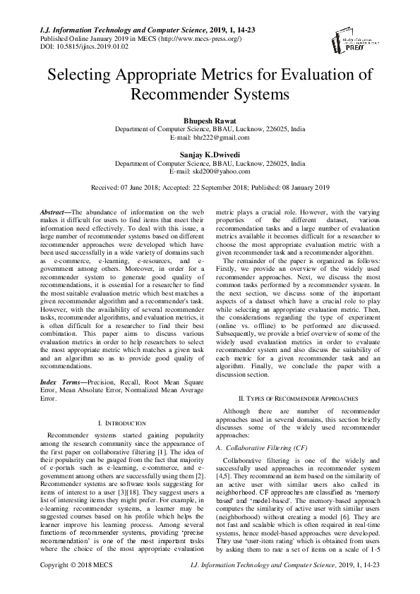 (PDF) Selecting Appropriate Metrics for Evaluation of Recommender Systems