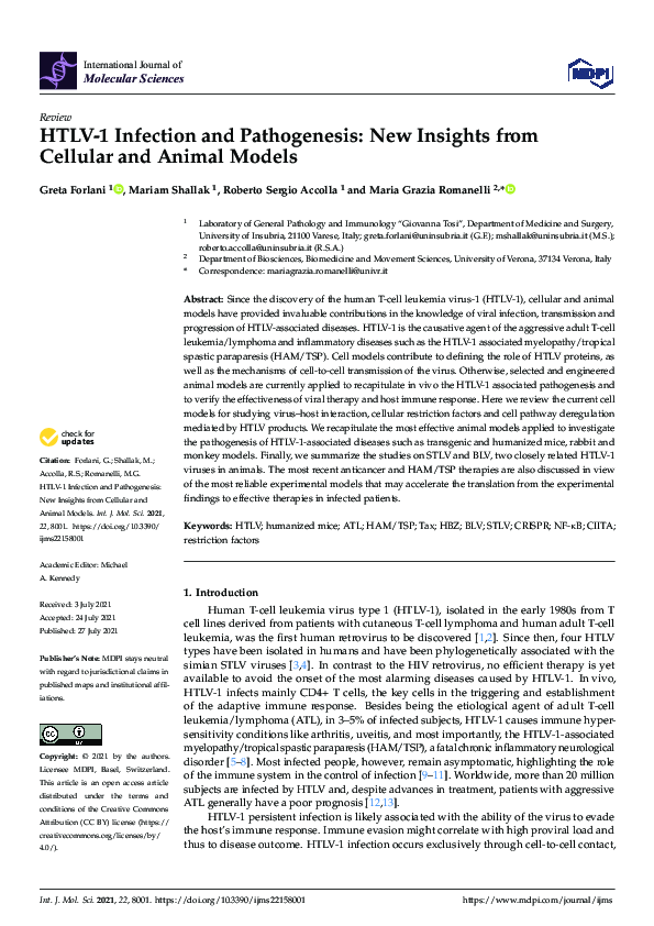 (PDF) HTLV-1 Infection and Pathogenesis: New Insights from Cellular and ...