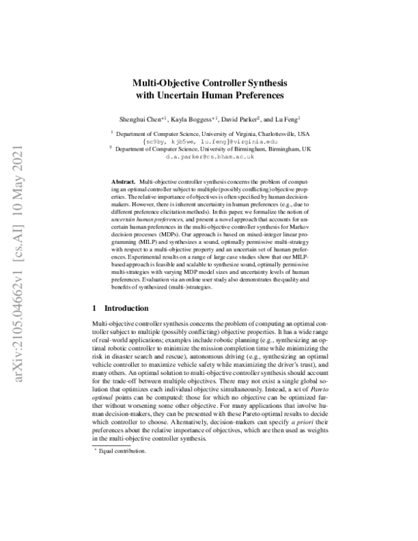 (PDF) Multi-Objective Controller Synthesis with Uncertain Human Preferences