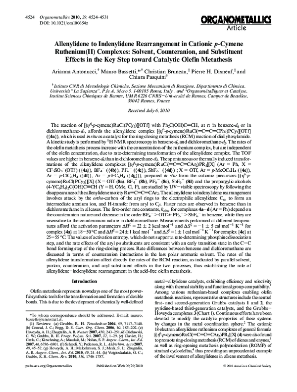 (PDF) Allenylidene-to-Indenylidene Rearrangement in Arene−Ruthenium ...