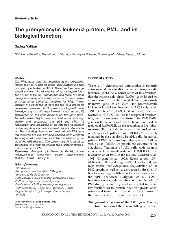 (PDF) The promyelocytic leukemia protein , PML , and its biological ...
