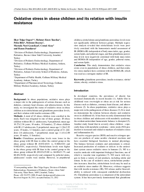 (PDF) Oxidative stress in obese children and its relation with insulin ...