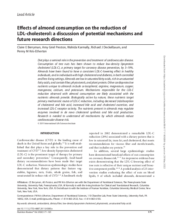 (PDF) Effects of almond consumption on the reduction of LDLcholesterol a discussion of