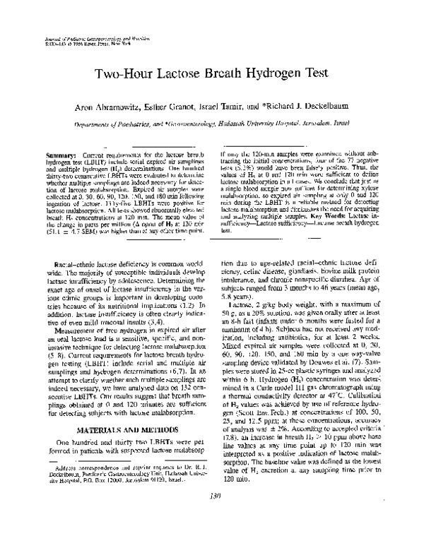 (PDF) TwoHour Lactose Breath Hydrogen Test Richard Deckelbaum