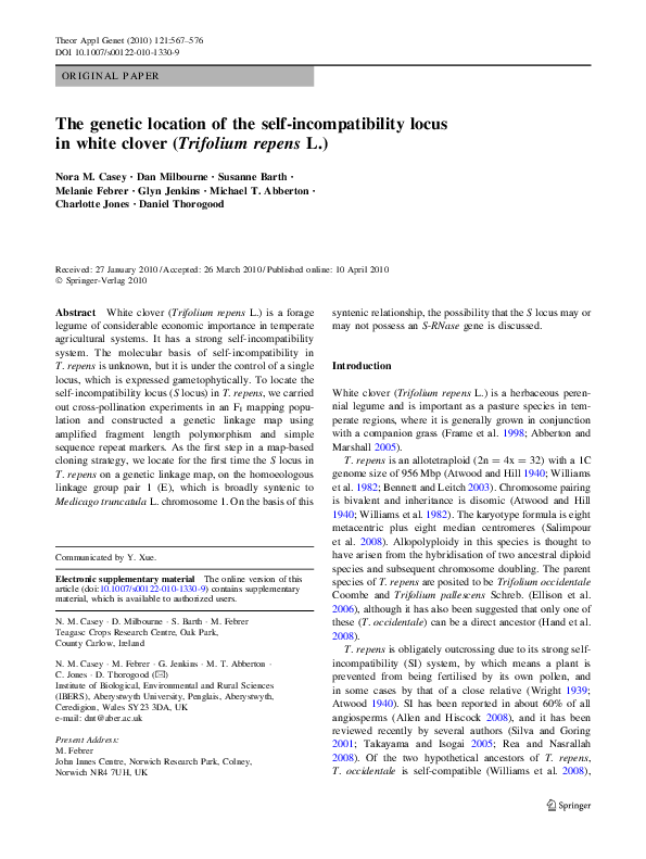 (PDF) The genetic location of the self-incompatibility locus in white ...