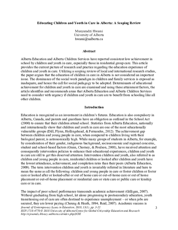 (PDF) Educating children and youth in care in Alberta: a scoping review