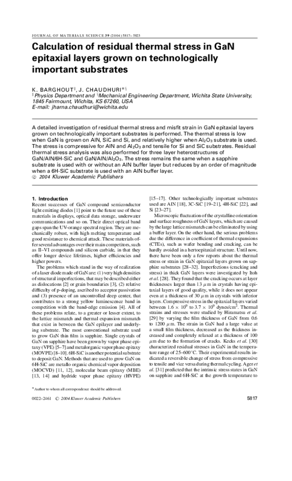 (PDF) Calculation of residual thermal stress in GaN epitaxial layers ...
