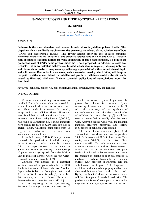 (PDF) NANOCELLULOSES AND THEIR POTENTIAL APPLICATIONS
