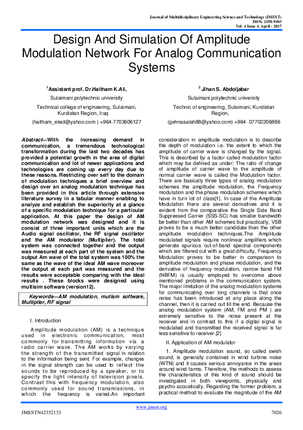 (PDF) Design And Simulation Of Amplitude Modulation Network For Analog ...