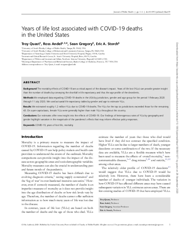(PDF) Years of life lost associated with COVID-19 deaths in the United ...