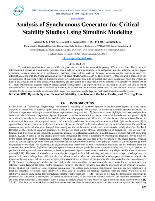 (PDF) Analysis of Synchronous Generator for Critical Stability Studies ...