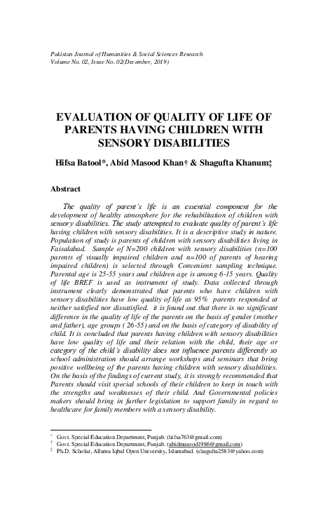 (PDF) Evaluation of Quality of Life of Parents Having Children with ...