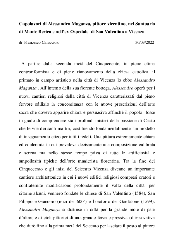 (PDF) Capolavori di Alessandro Maganza, pittore vicentino, nel