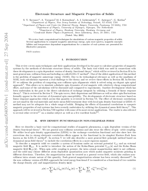(PDF) Electronic structure and magnetic properties of solids