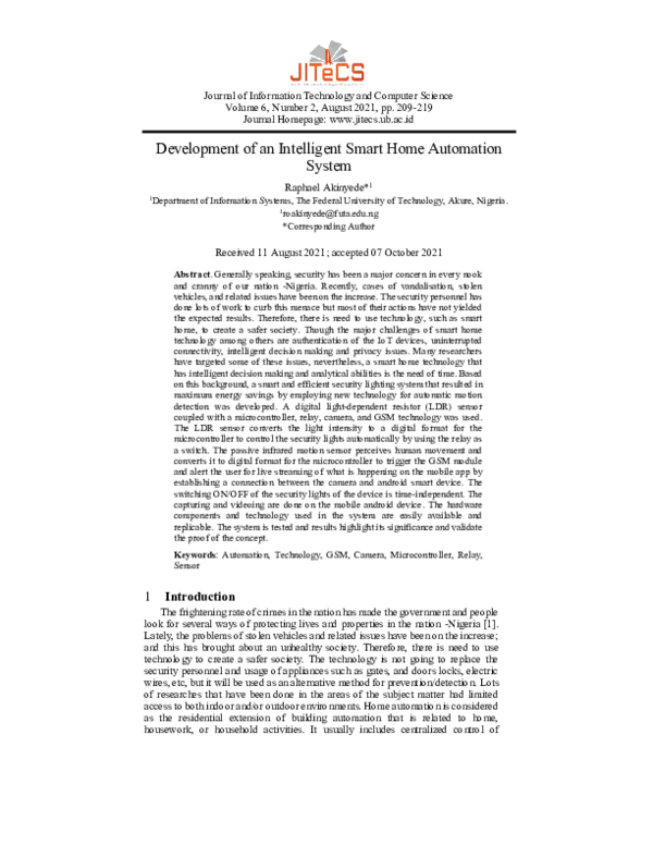 (PDF) Development of an Intelligent Smart Home Automation System