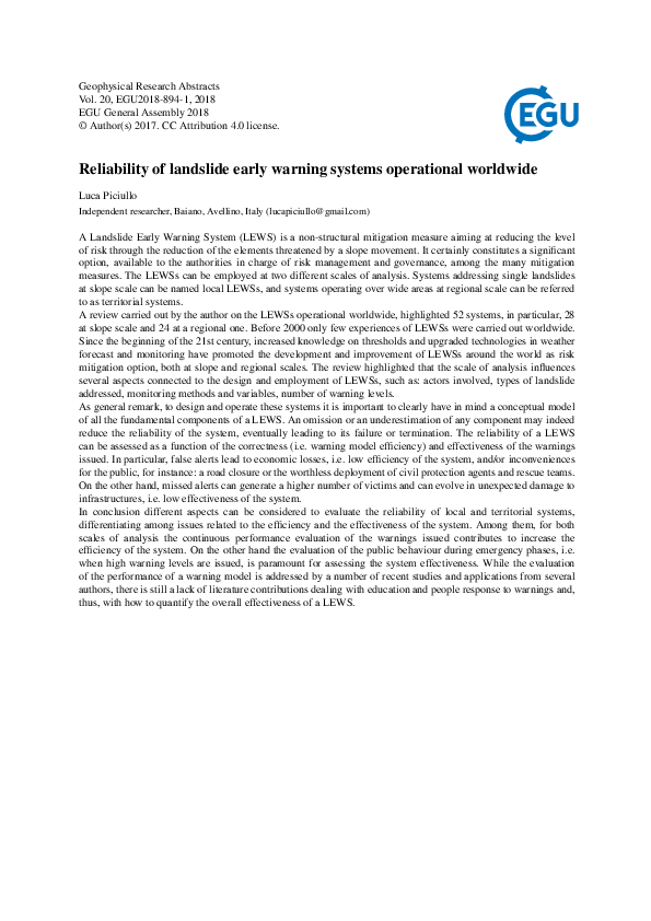 (PDF) Reliability of landslide early warning systems operational worldwide