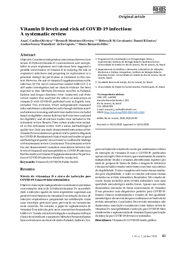(PDF) Vitamin D levels and risk of COVID-19 infection: A systematic review