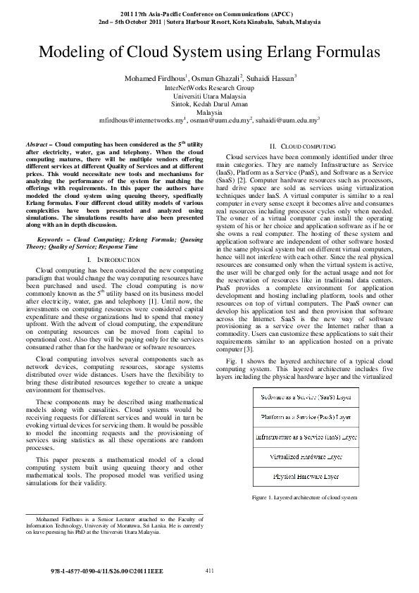 (PDF) Modeling of cloud system using Erlang formulas