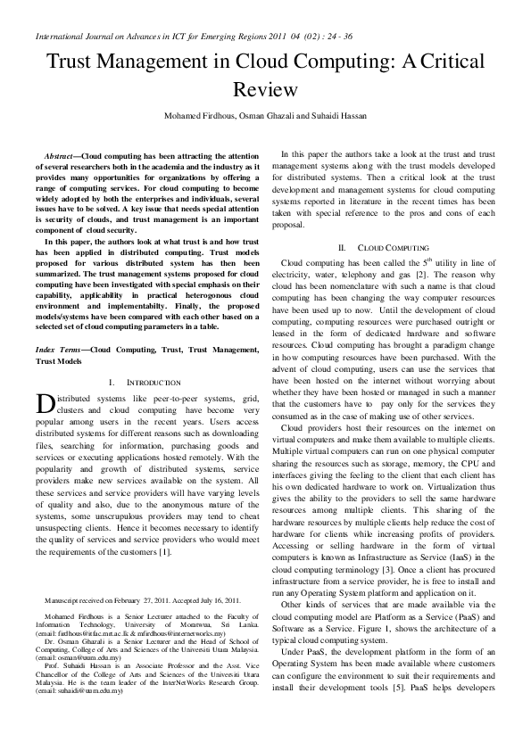 (PDF) Trust Management in Cloud Computing: A Critical Review