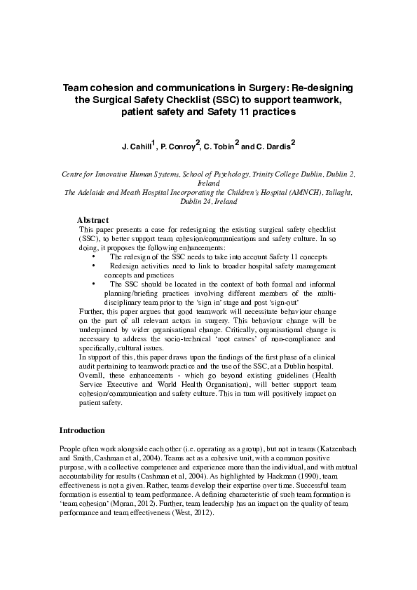 (PDF) Team cohesion and communications in Surgery: Re-designing the WHO ...