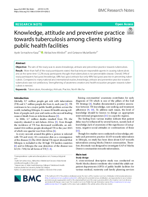 (PDF) Knowledge, attitude and preventive practice towards tuberculosis ...