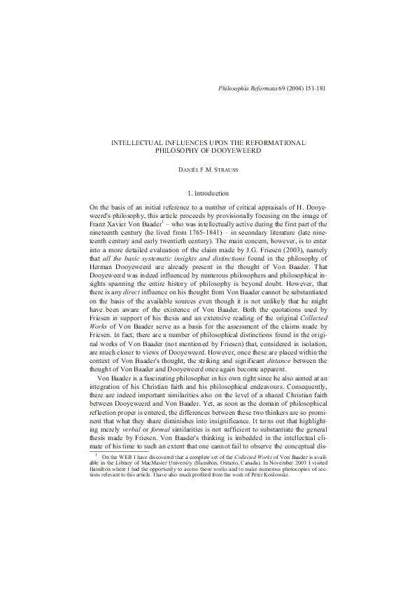 critical study: INTELLECTUAL INFLUENCES UPON THE REFORMATIONAL PHILOSOPHY OF DOOYEWEERD