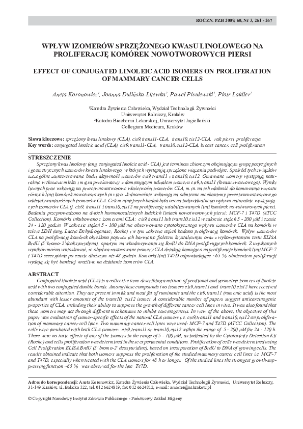 (PDF) [Effect of conjugated linoleic acid isomers on proliferation of mammary cancer cells