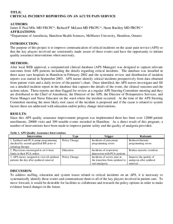 (PDF) Critical incident reporting on an acute pain service