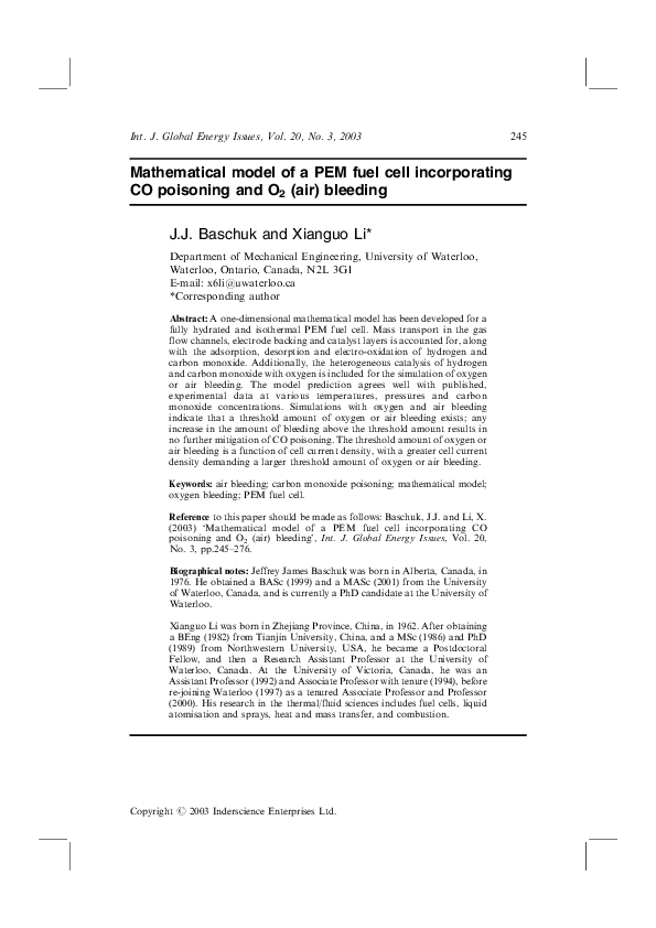 (PDF) Mathematical model of a PEM fuel cell incorporating CO poisoning