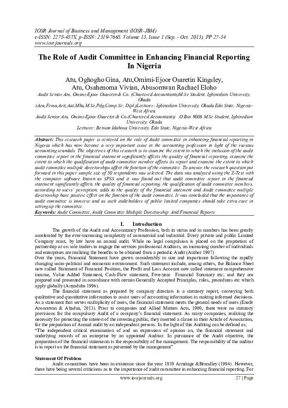 (PDF) The Role of Audit Committee in Enhancing Financial Reporting In ...
