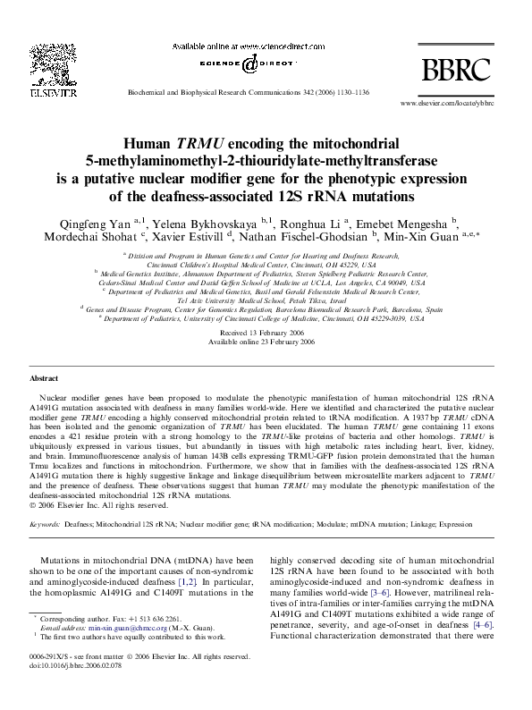 (PDF) Human TRMU encoding the mitochondrial 5-methylaminomethyl-2 ...