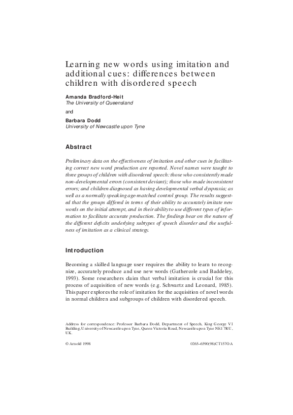 (PDF) Learning new words using imitation and additional cues ...