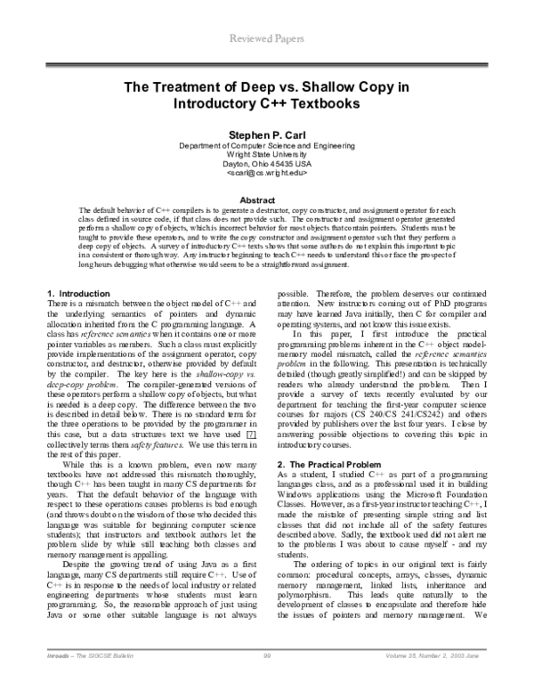 (PDF) The treatment of deep vs. shallow copy in introductory C++ textbooks