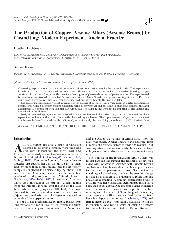 (PDF) The Production of CopperArsenic Alloys (Arsenic Bronze) by