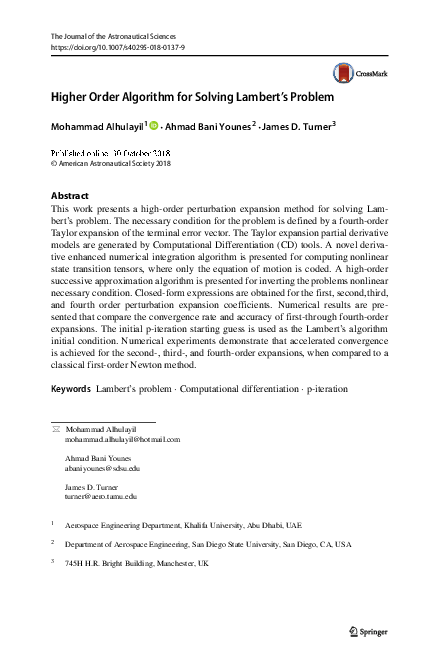 (PDF) Higher Order Algorithm for Solving Lambert’s Problem