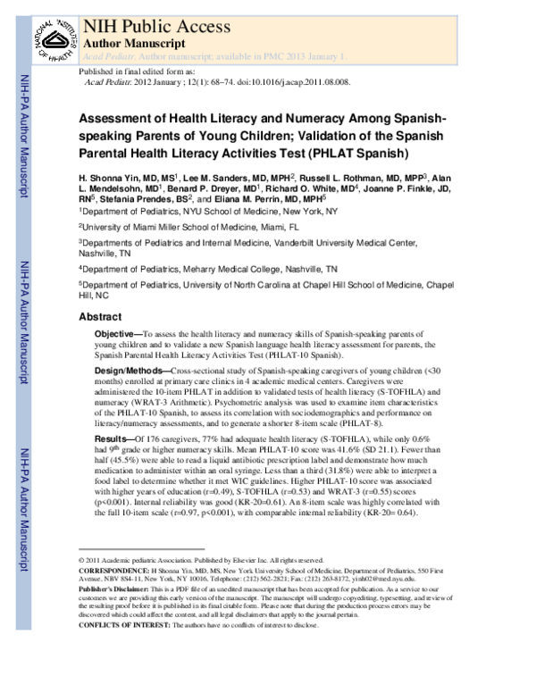(PDF) Assessment of Health Literacy and Numeracy Among Spanish-Speaking ...