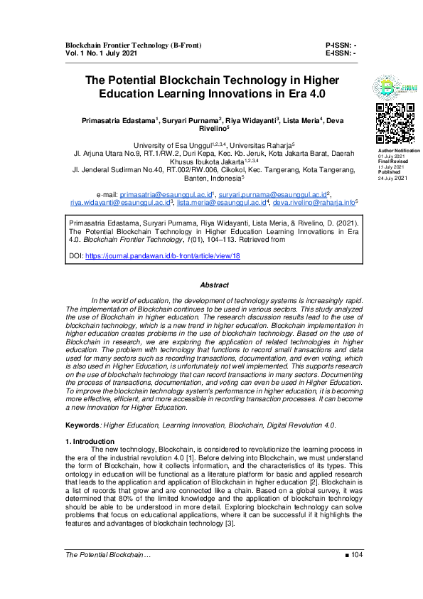(PDF) Potential Blockchain Technology in Higher Education Learning ...
