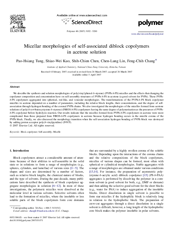 (PDF) Micellar morphologies of self-associated diblock copolymers in ...