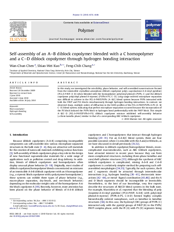 (PDF) Self-assembly of an A–B diblock copolymer blended with a C ...