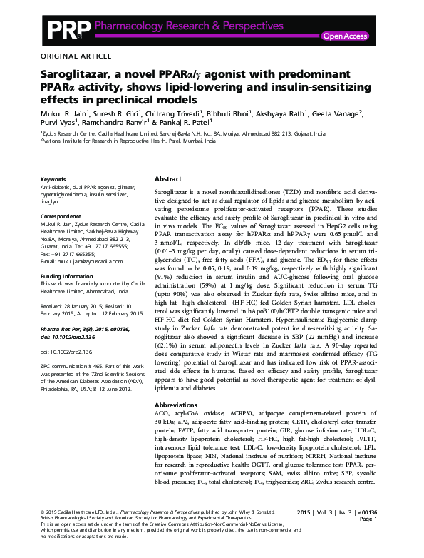 (PDF) Saroglitazar, a novel PPARα/γagonist with predominant ...