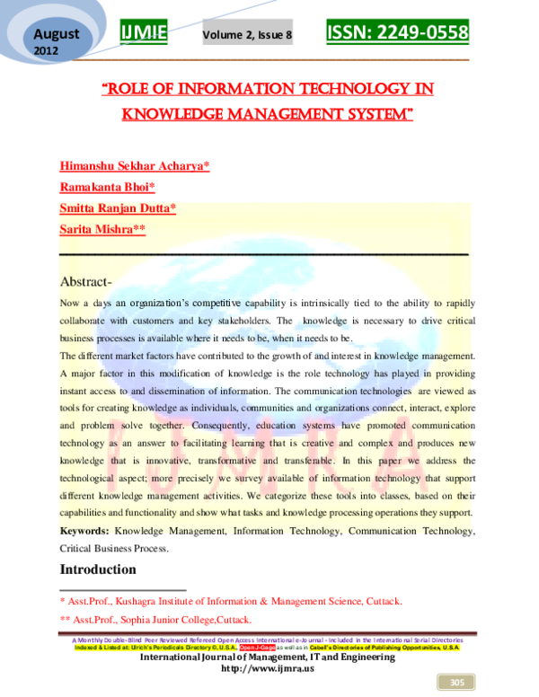 (PDF) Role of Information Technology in Knowledge Management System