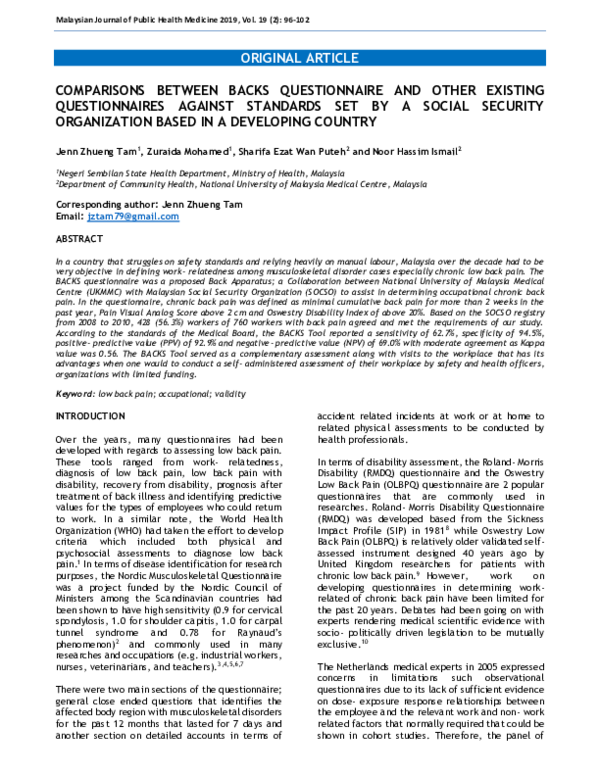 (PDF) Comparisons Between Backs Questionnaire and Other Existing ...
