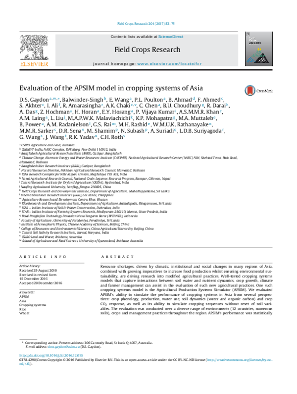 (PDF) Evaluation of the APSIM model in cropping systems of Asia