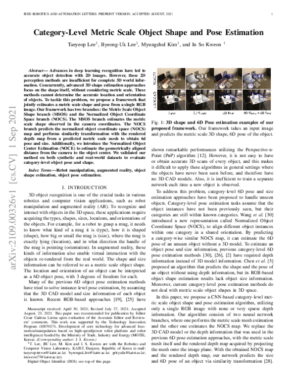 (PDF) Category-Level Metric Scale Object Shape and Pose Estimation