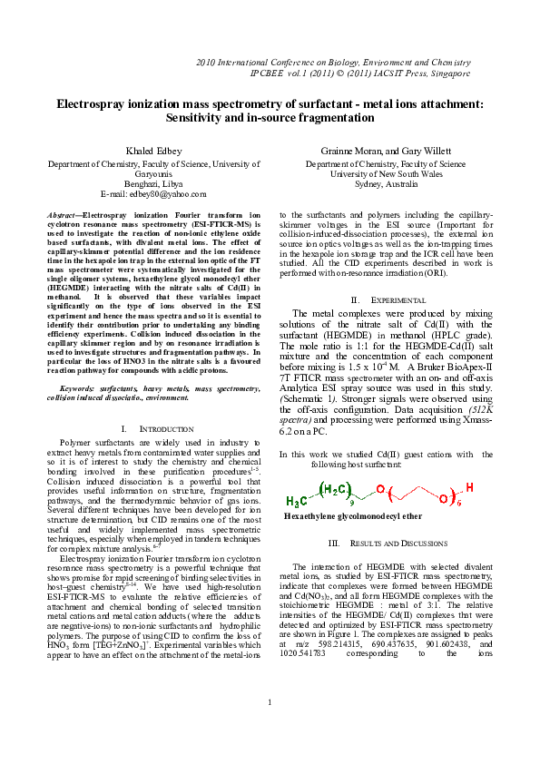 (PDF) Electrospray Ionization Mass Spectrometry of Surfactant-Metal ...