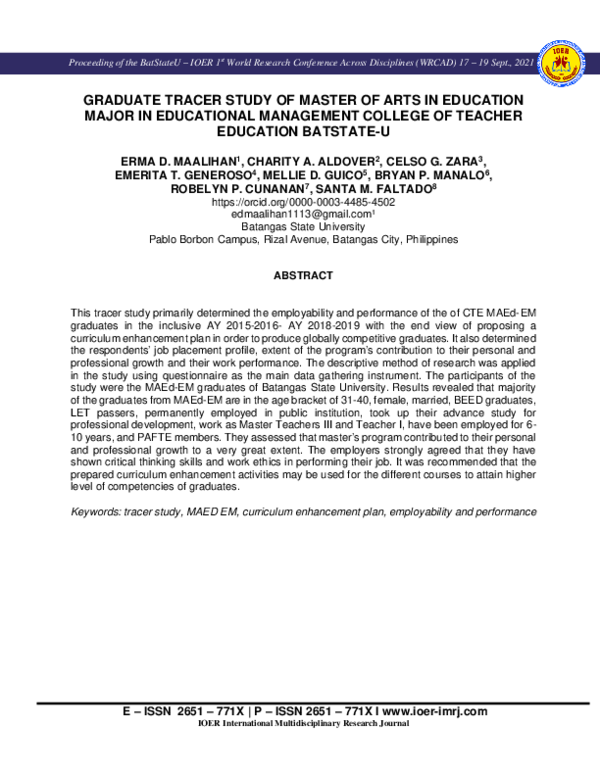 (PDF) Graduate Tracer Study of Master of Arts in Education Major in