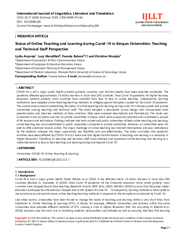 (PDF) Status of Online Teaching and Learning during Covid-19 in Kenyan ...